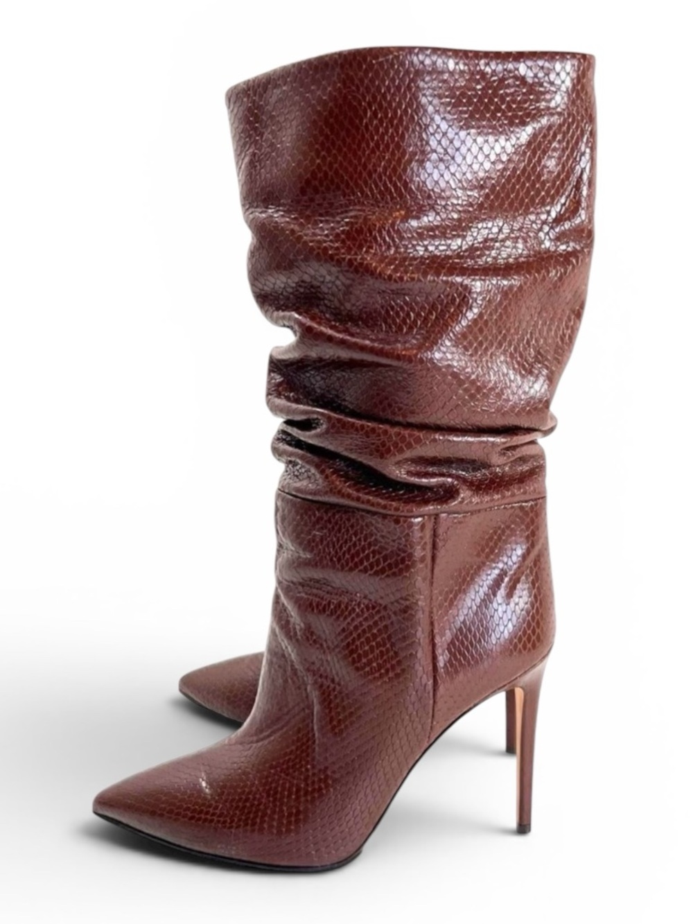 PARIS TEXAS Slouch Python-Embossed High Heel Boots in Cocoa Brown
